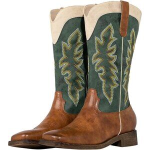 SheSole Womens Green Brown Cowboy Square Toe Cowgirl Wide Calf Western Boots